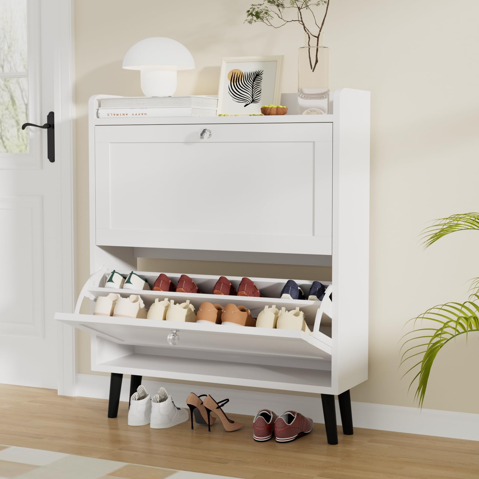 Scarpiera In Legno Slim Con Ante A Ribalta - Ideale Per Ingresso Casa, Bianco - Foto 3