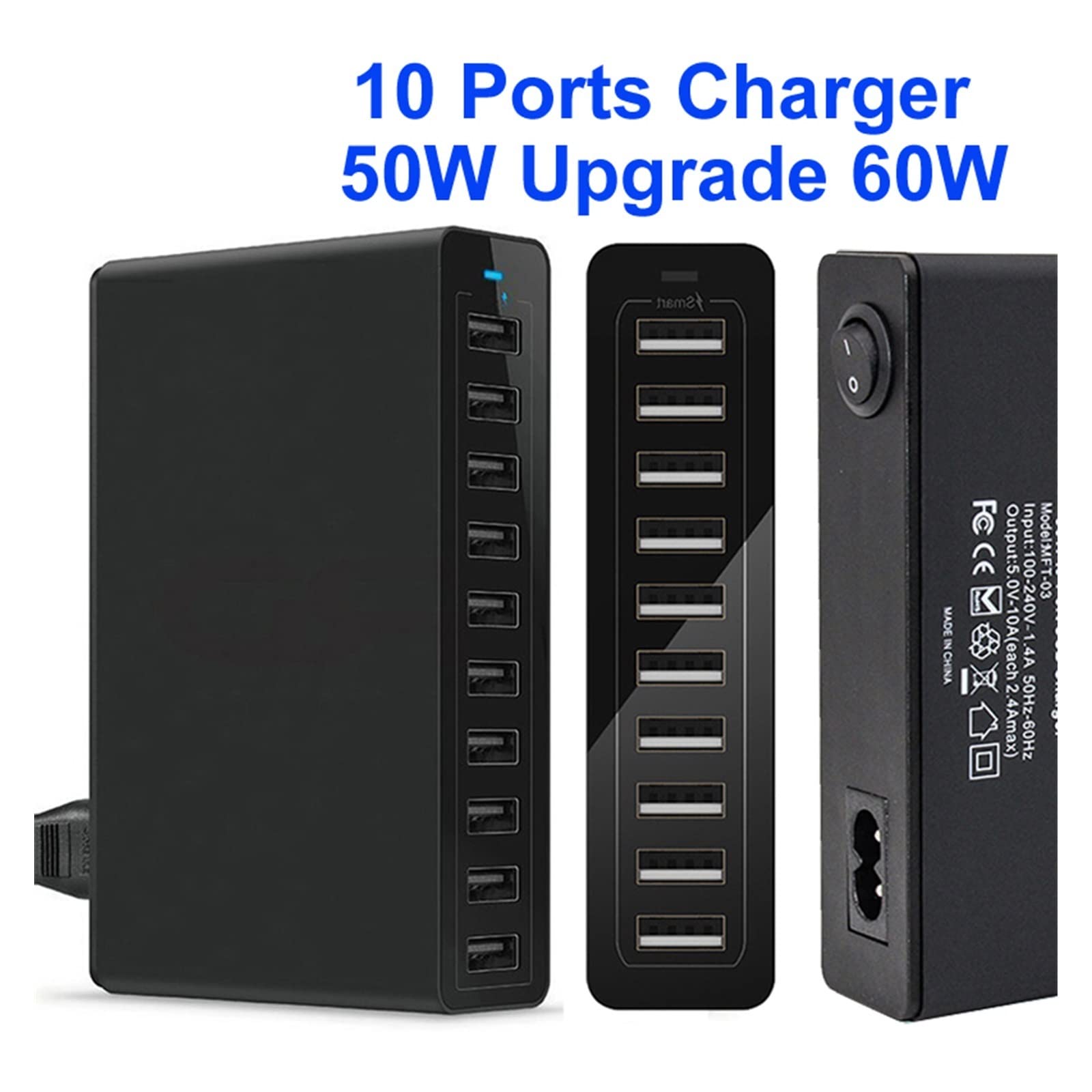 Stacja ładowania, Ładowarka 50W Multi USB 10 Portów Stacja ładująca Urządzenie wieloportowe Szybkie ładowanie 5V 10A Kompatybilne z telefonem, tabletem i telefonem komórkowym(10 USB Charger black)