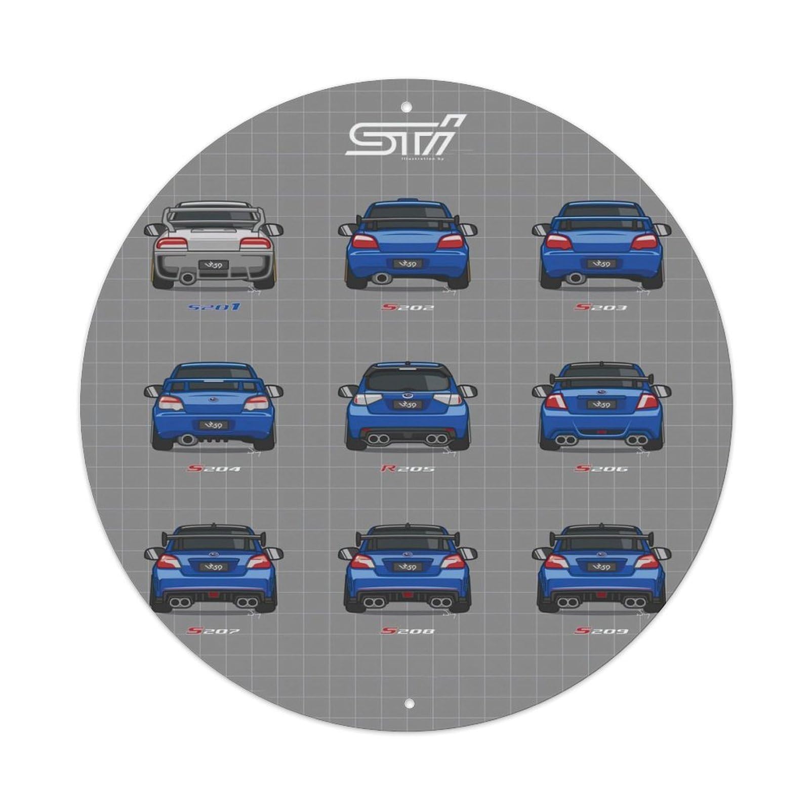 JDM Car WRX STI Racing Car Evolution History Vintage Metal Tin Sign Plaque Wall Decor for Cafe, Club, Garden Round Metal Poster 8x8Inch