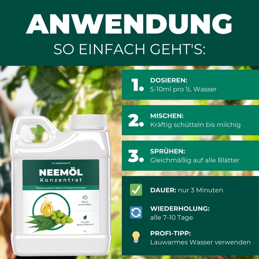 Silberkraft Neemöl 1000 ml mit Emulgator - kaltgepresst & vorgemischt - Ergibt 100 L sprühfertiges Neem-Öl Spray - Niemöl zur Pflanzenpflege für drinnen & draußen