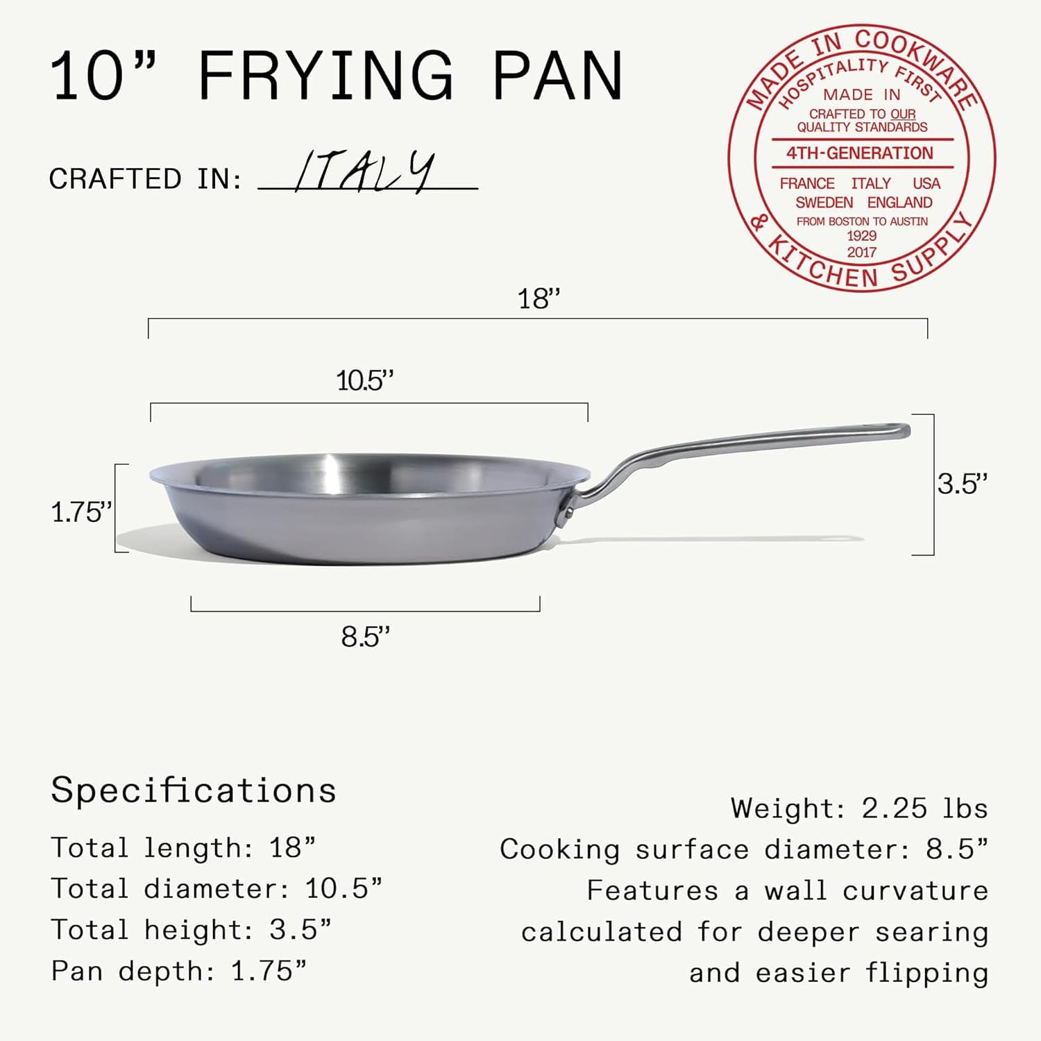 Made In Utensilios de cocina - Sartén de acero inoxidable de 10 pulgadas - Revestido de acero inoxidable de 5 capas - Utensilios de cocina profesionales Italia - Compatible con inducción