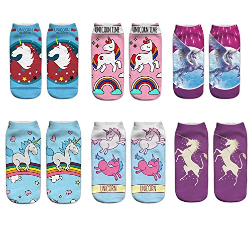 Aipark - Lote de 6 pares de calcetines para mujer, diseño de unicornio, estampado 3D, talla única EU 35-40 multicolor Talla única