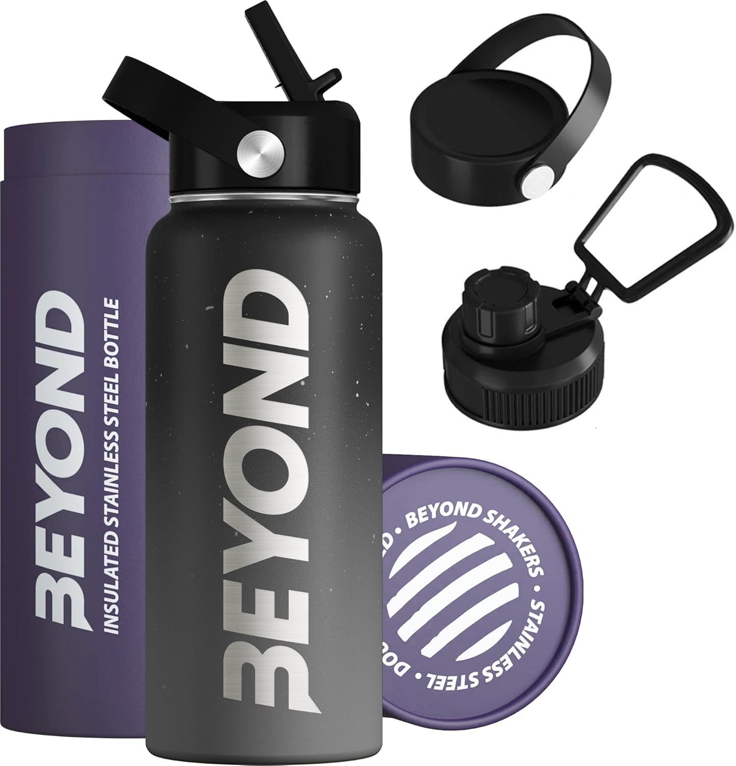 Beyond Bouteille d'eau isotherme en acier inoxydable à double paroi 1000 ml à large goulot sans BPA (noir et gris)