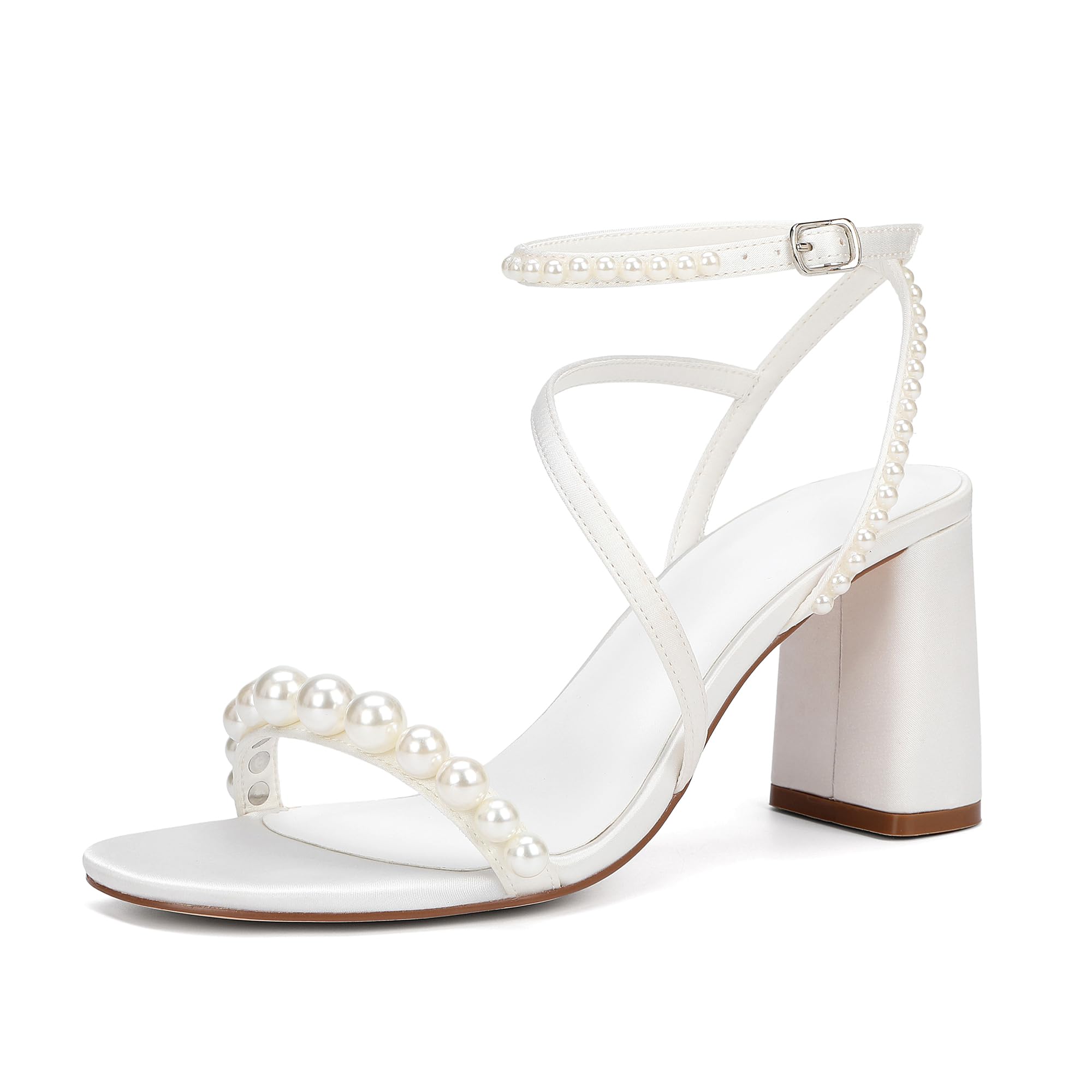 Women's Pearl Embellished Ankle Strap Sandals, Block Heel, White Satin, Wedding Party Shoes,3.3 Inches