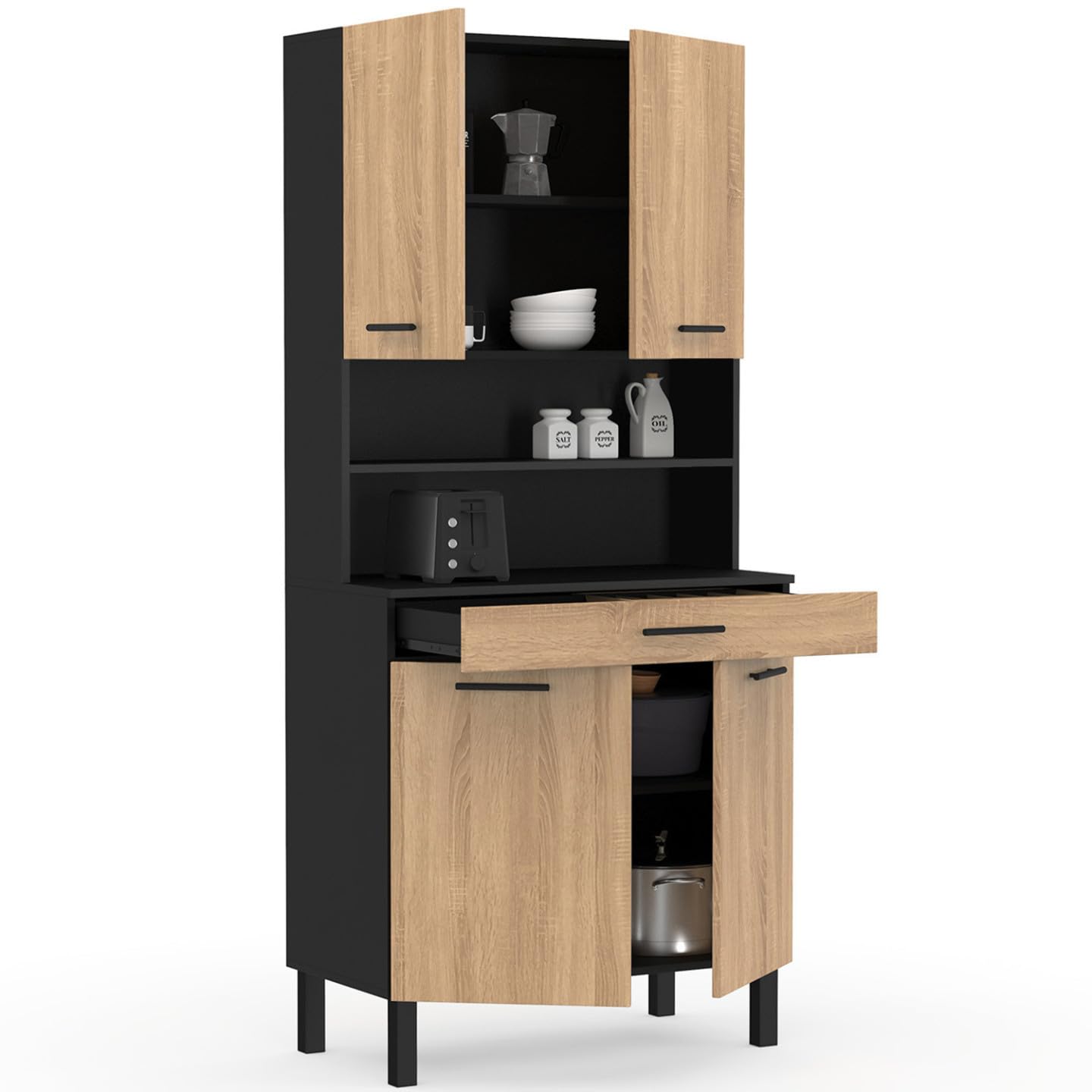 IDMarket - Küchenbuffet 80 cm CINA 4 Türen + Schublade schwarz und Buchenholzoptik