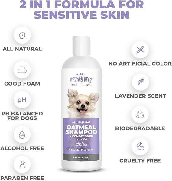 Mighty Petz 2-in-1 Oatmeal Dog Shampoo and Conditioner 16 oz Natural Support for Allergies, Itchy Sensitive Skin. Moisturizing & pH Balanced for Dogs with Oatmeal and Aloe Vera