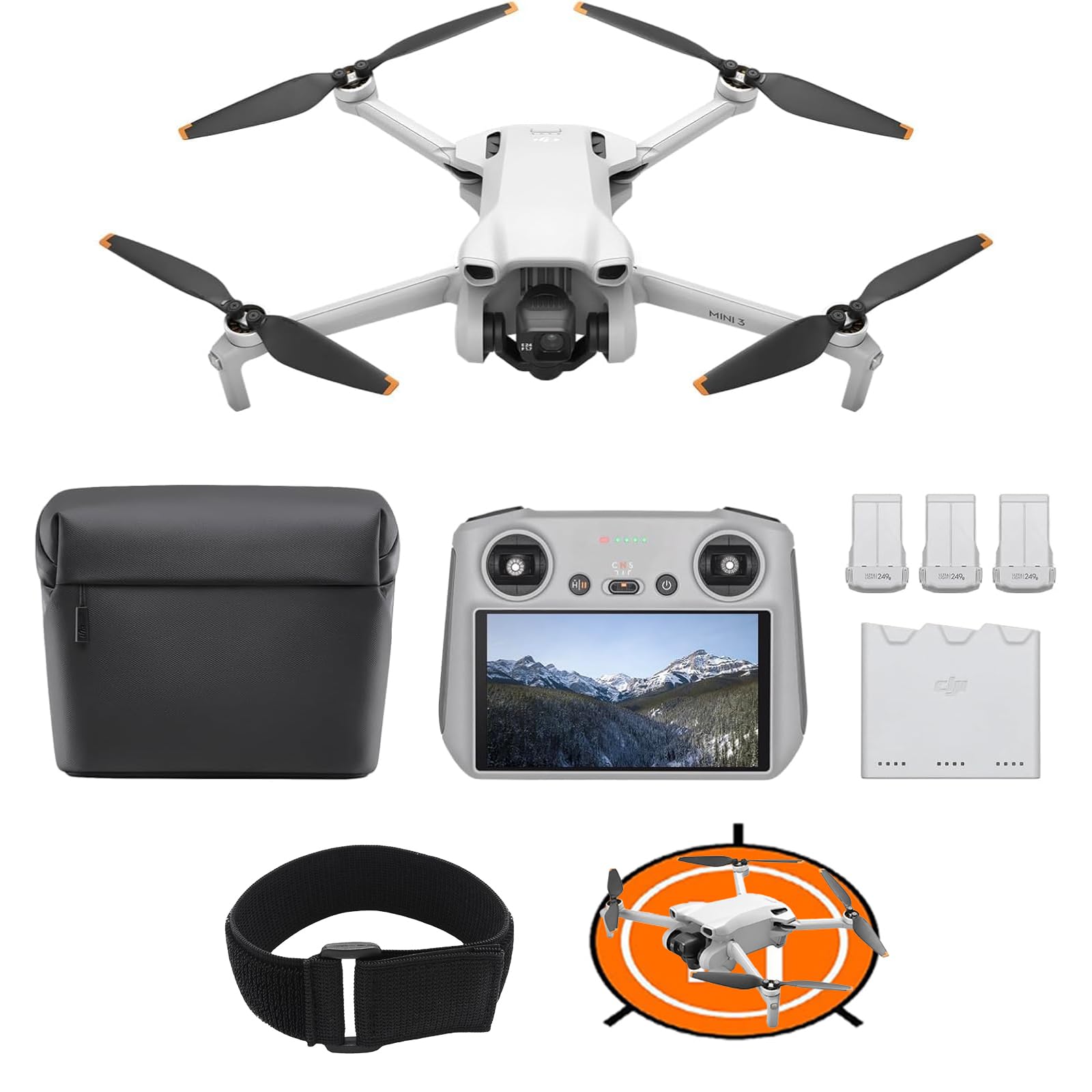 DJI Mini 3 Fly More Combo Bundle(con DJI RC) – Mini Drone con Fotocamera Pieghevole e Leggero con Video in 4K HDR, Autonomia di 38 Minuti (Drone Landing Pad+fascia elastica)