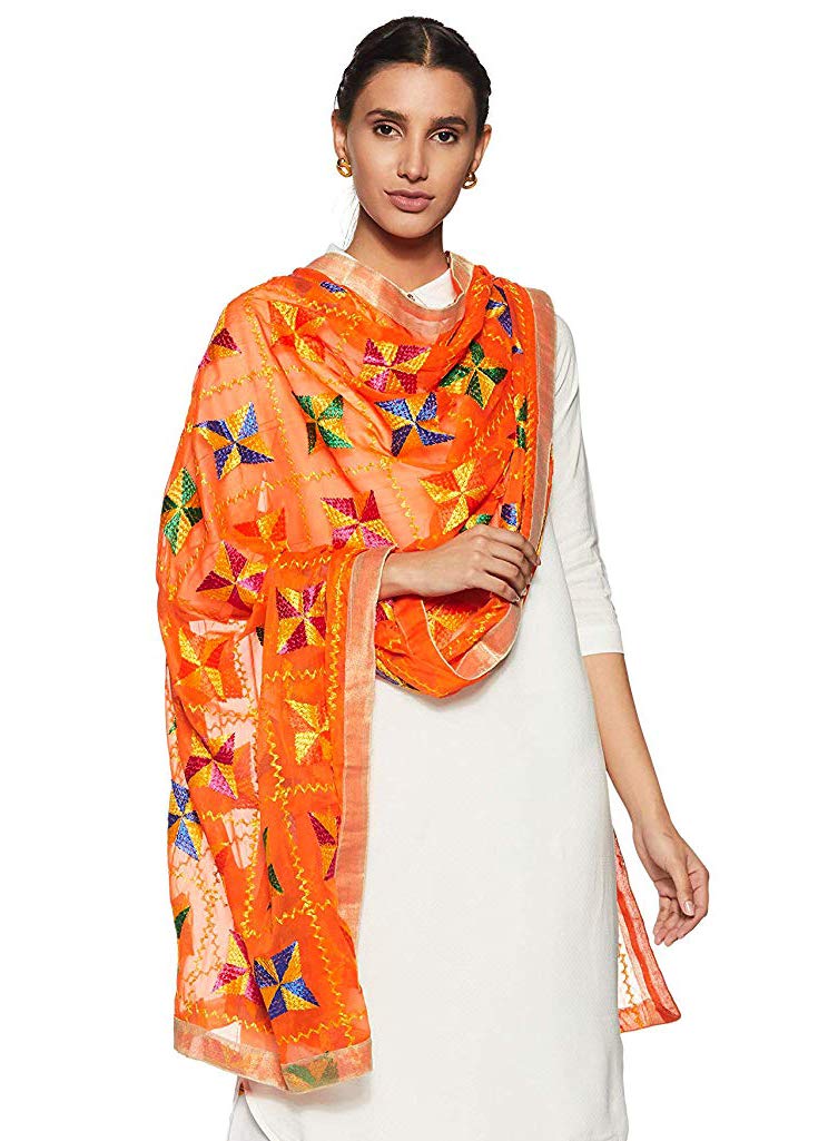 Weavers Villa Punjabi Hand Embroidery Phulkari Faux Chiffon Orange Dupatta, Stoles, 2.25 Mtrs