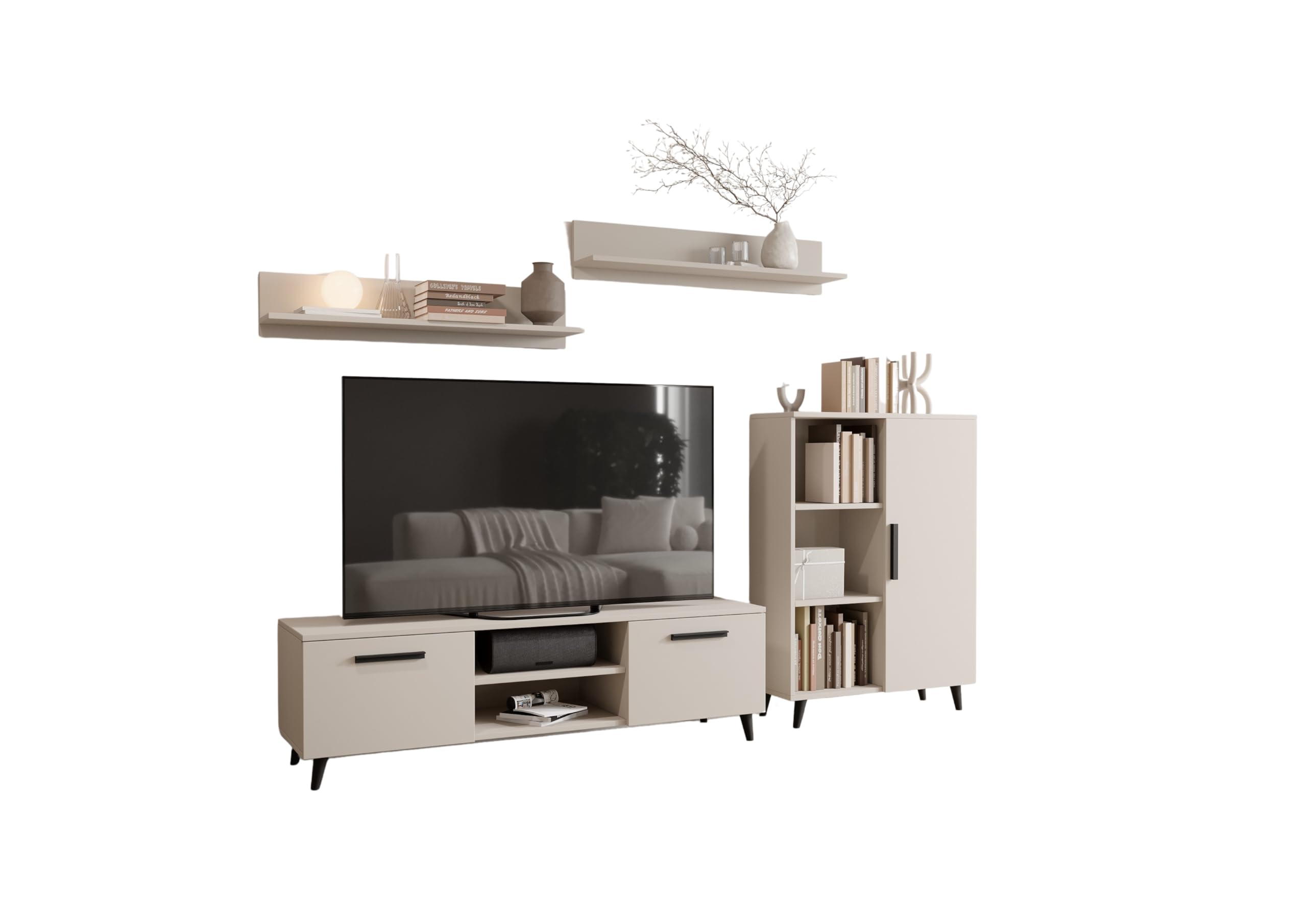 MATKAM Wohnzimmermöbel-Set Oslo, 4-teilig, 1 x TV-Kommode H47x B150 x T40 cm, 1 x Wohnzimmerkommode H112 x B80 x T30cm, 2 x Hängeregale H20 x B100 x T20 cm (Kaschmir)