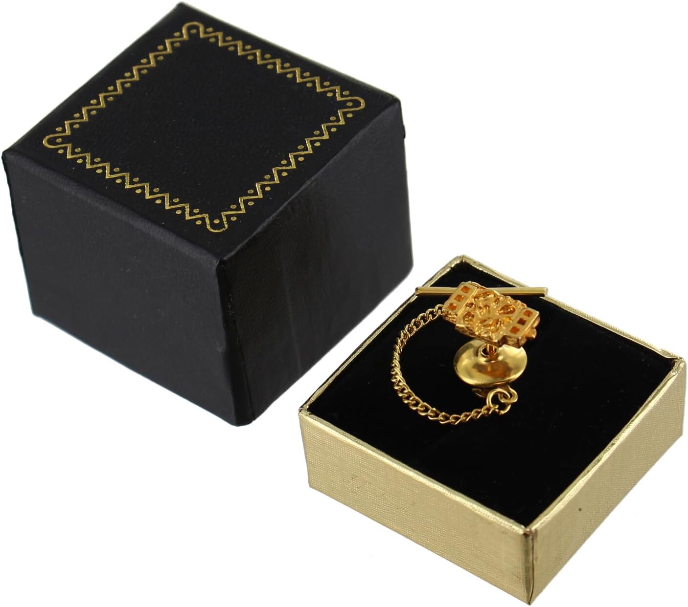 Vintage Abstract Gold Tone Rectangle Mens Tie Tack With Chain Pin - Gift Boxed Fashion Details for Ties Trendy Accessories Stylish Additions Chic Details