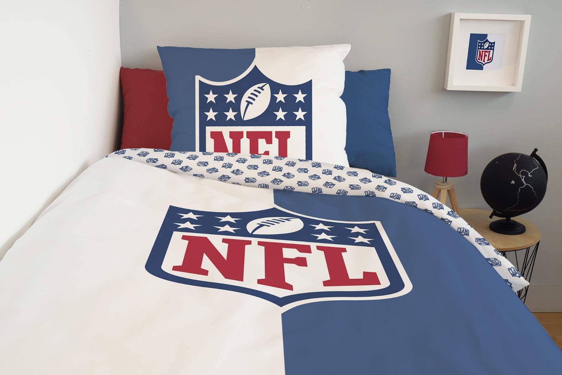 SAHINLER créateur d'univers NFL - Housse De Couette Football Américain Logo NFL 140x200 cm + 1 Taie d'oreiller 63x63 cm - 100% Coton - Bleu