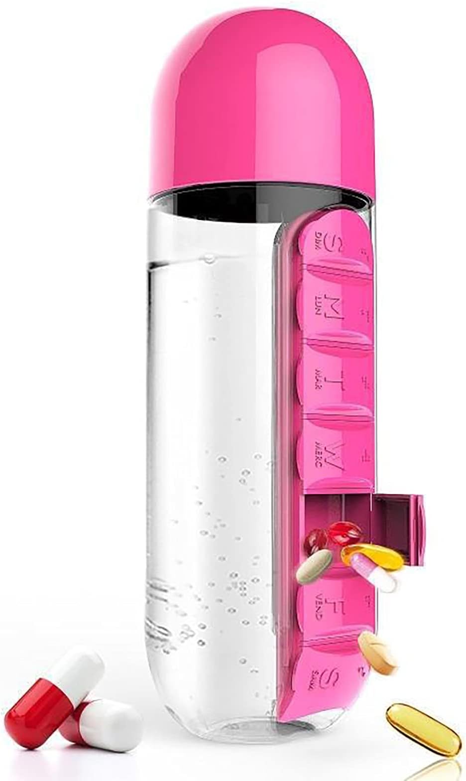 600ml 2 1 Water Bottle Pill Box Organiser Portable 7 Day Camping Weekly Pill Organiser