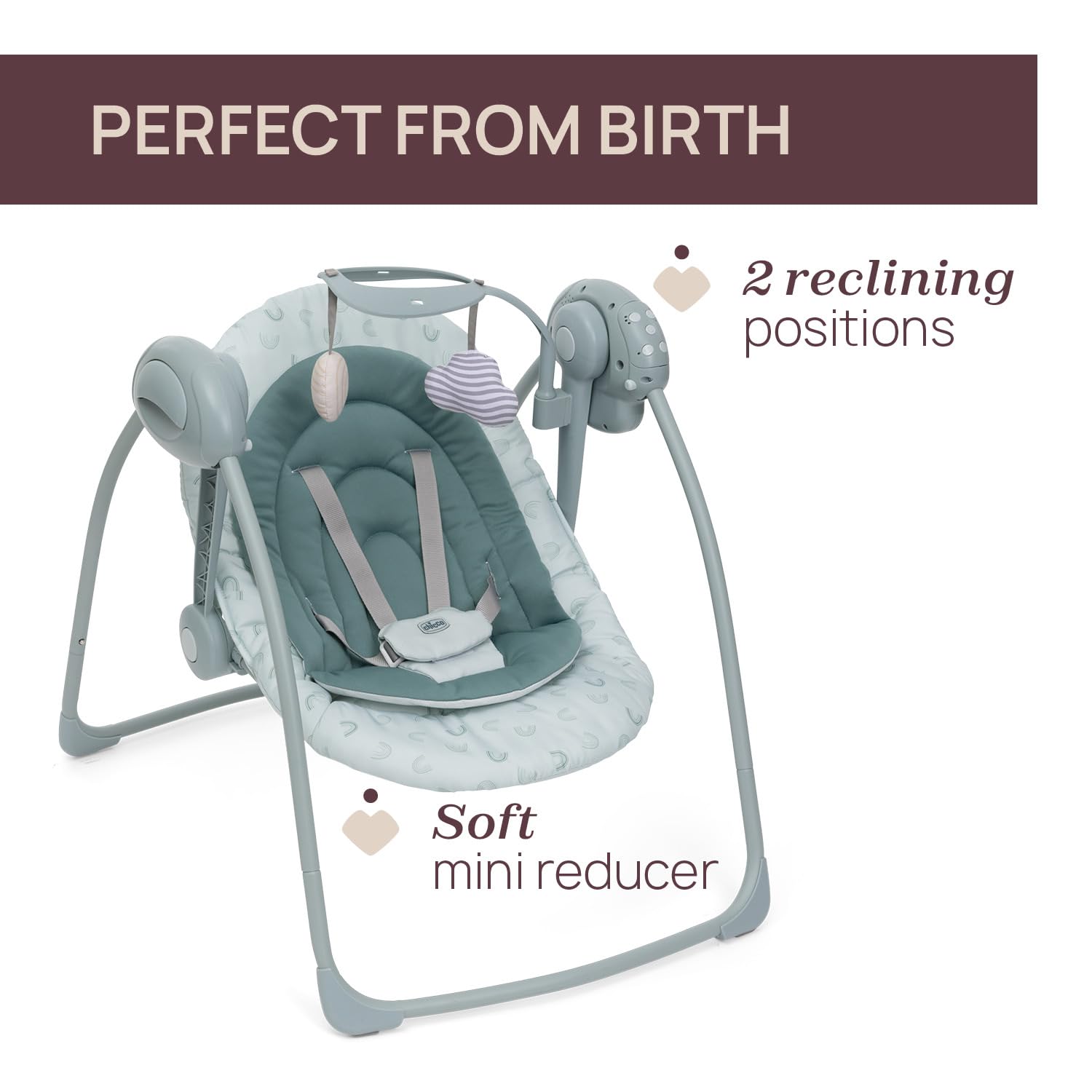 Chicco Swing&Play Columpio Eléctrico para Recién Nacidos 0 Meses+, 5 Velocidades de Balanceo, Melodías Relajantes, Plegable, Compacto y Ahorra Espacio, Respaldo con 2 Posiciones, 0 Meses