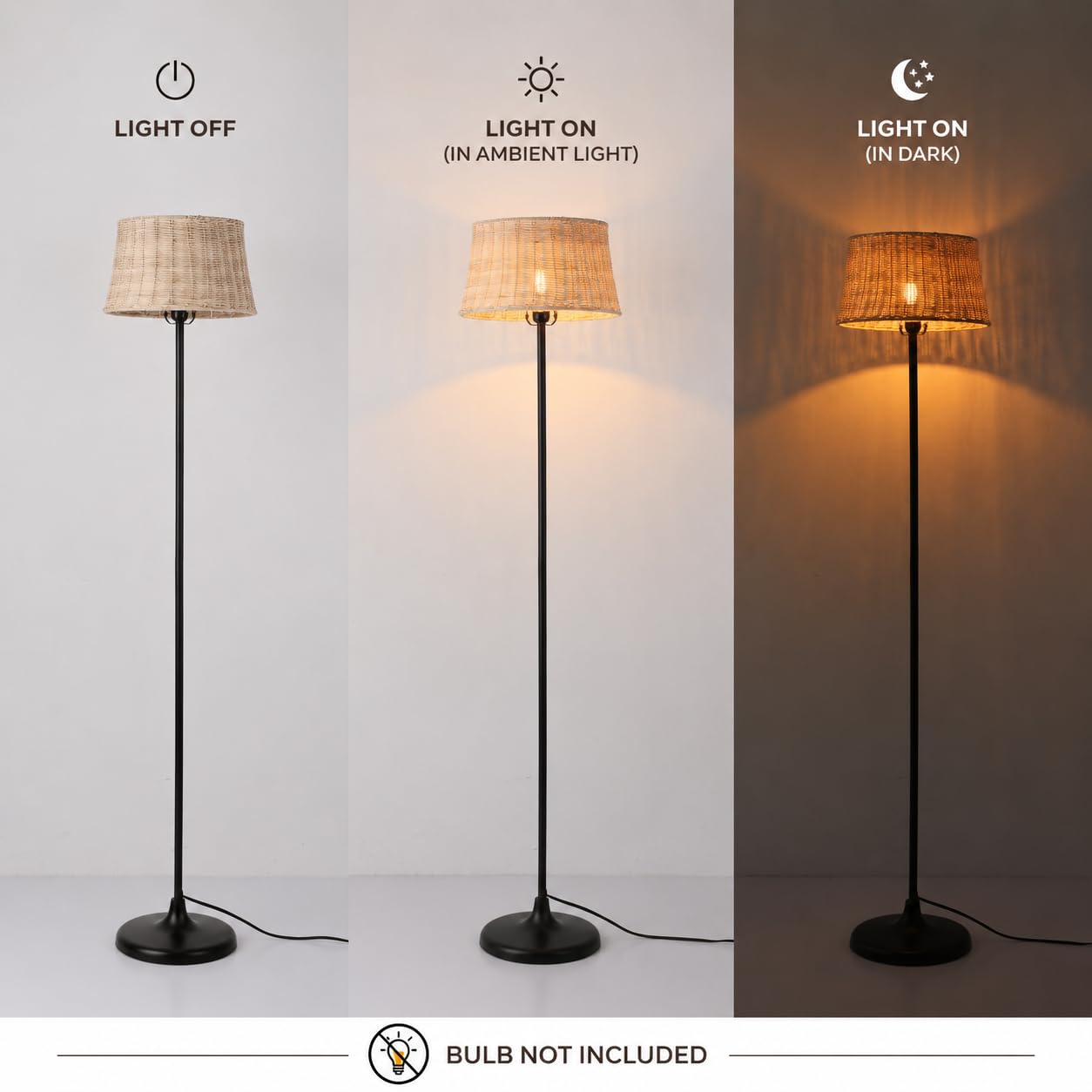 Alpinaluz Lampa Podłogowa E27 Klosz Bambus Wiklina Czarna Podstawa 147 cm | Ręcznie pleciony klosz Ø28 cm i czarna metalowa podstawa, styl nordycki boho do salonu, sypialni, sofy i czytania