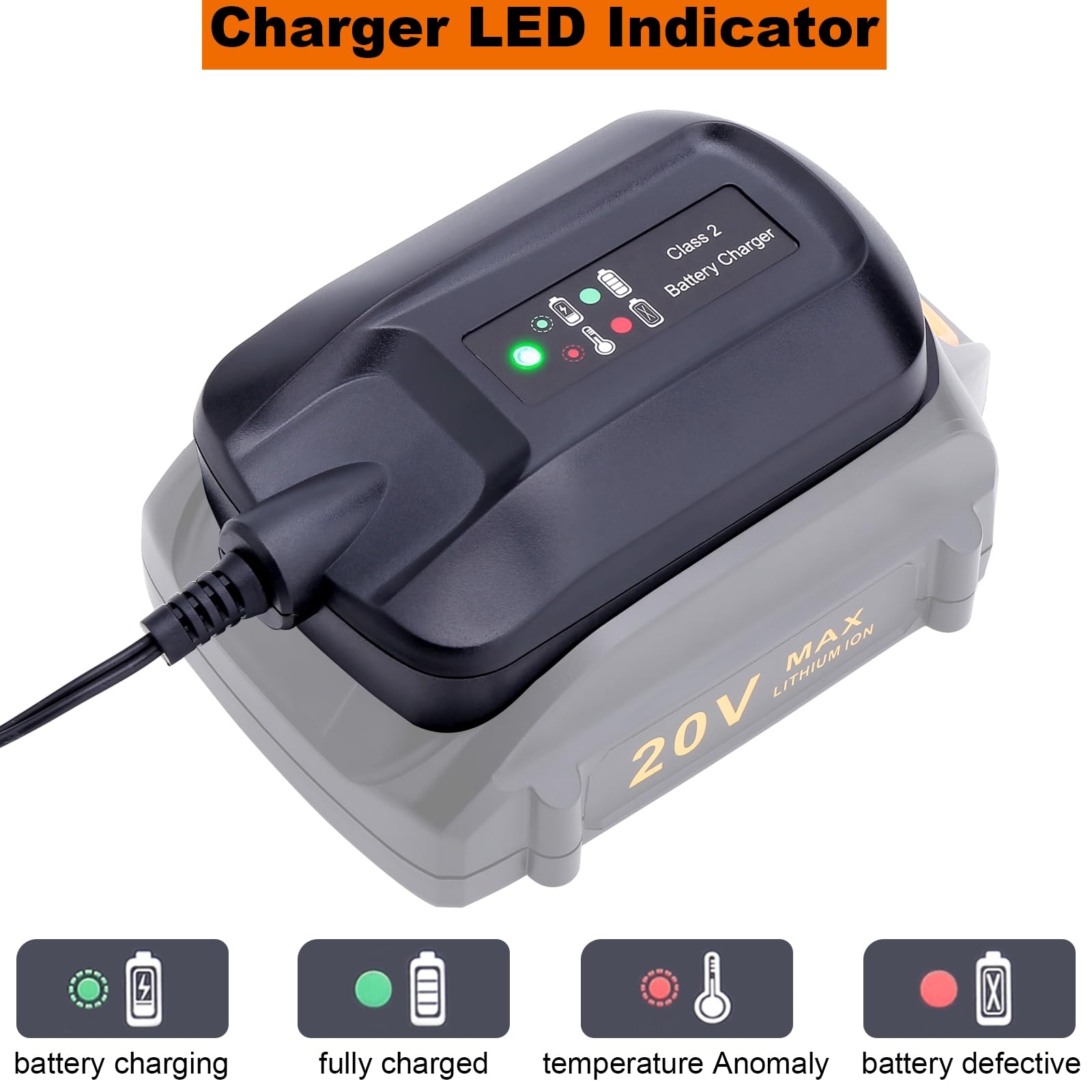 WA3742 Charger Replacement for Worx 20v Battery Charger WA3732 WA3875 WA3881, Compatible with Worx 20Volts Lithium Battery WA3525 WA3520 WA3578