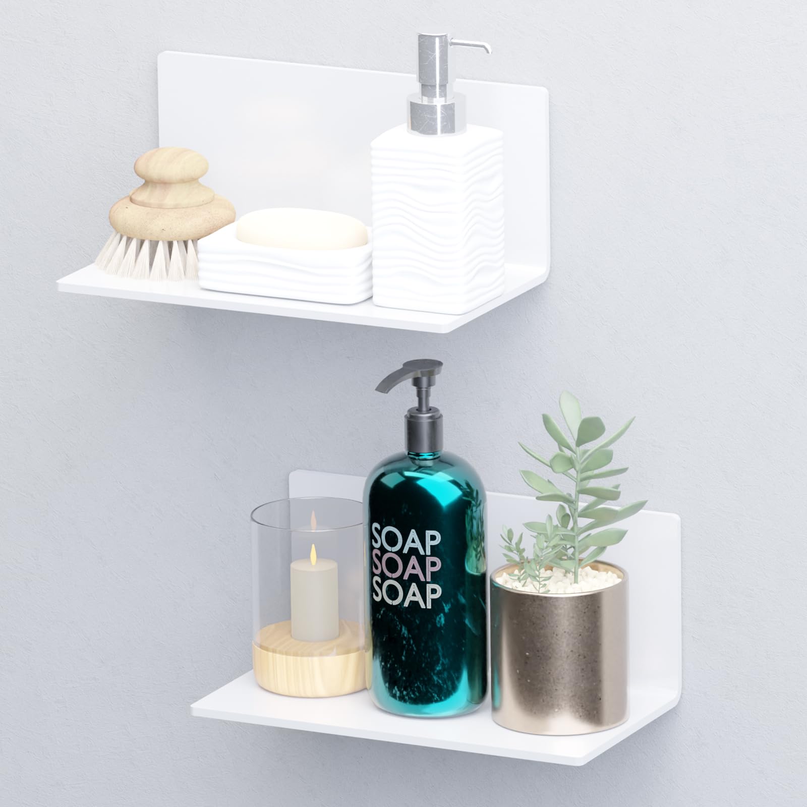 Set 2 Mensole Sospese A Muro Adesive Per Bagno E Cucina, In ABS Bianco Con Foro Per Cavi E Scarico, Ripiani Autoadesivi Da 30x10x10 Cm, Portaoggetti Senza Foratura
