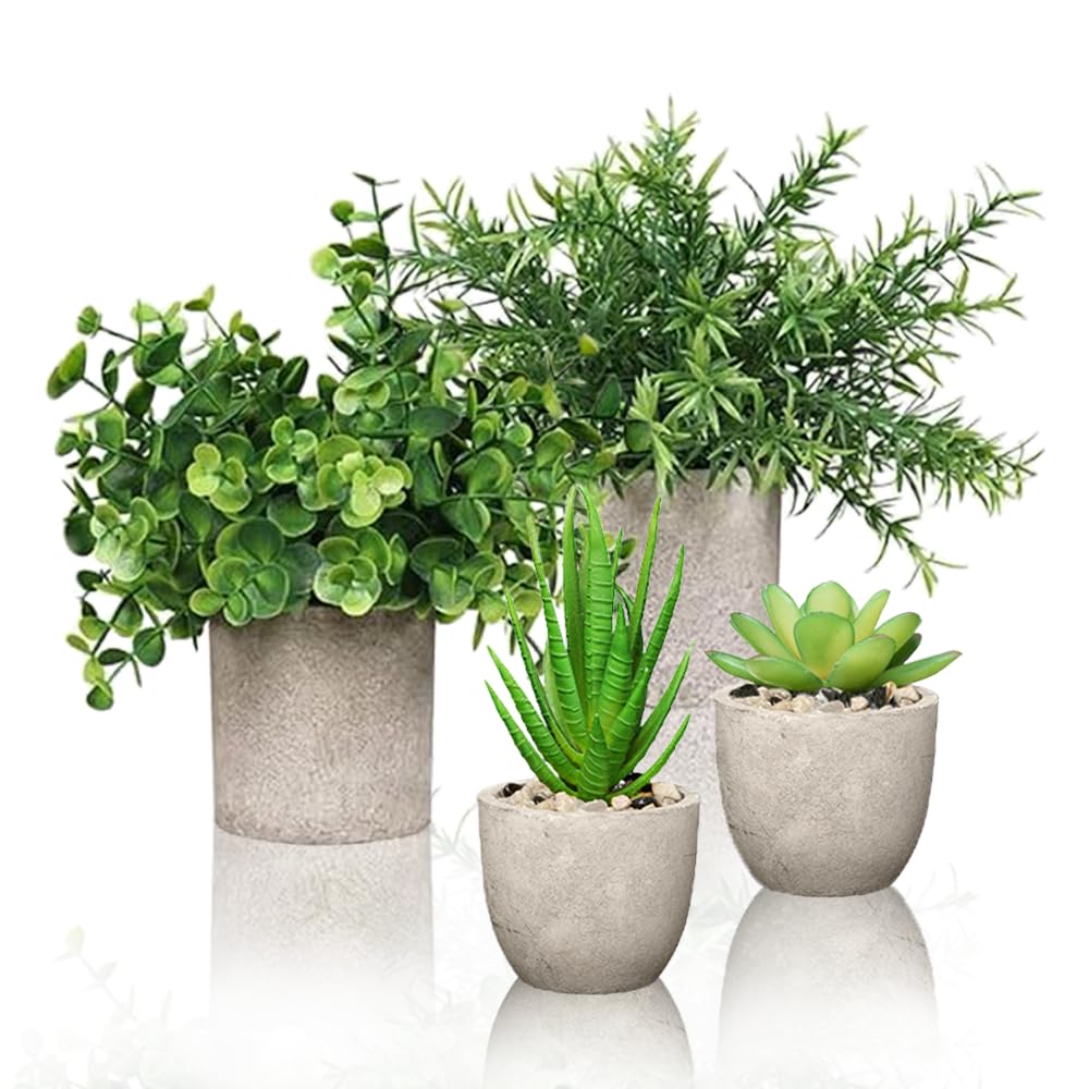 4 Set Artificial Plants Indoors in Pots, Small Plastic Fake Plants, Eucalyptus, Rosemary, Mini Succulents Faux Plant for Office Decor, Desk, Bedroom, Bathroom, Kitchen, Home Decoration in Spring.