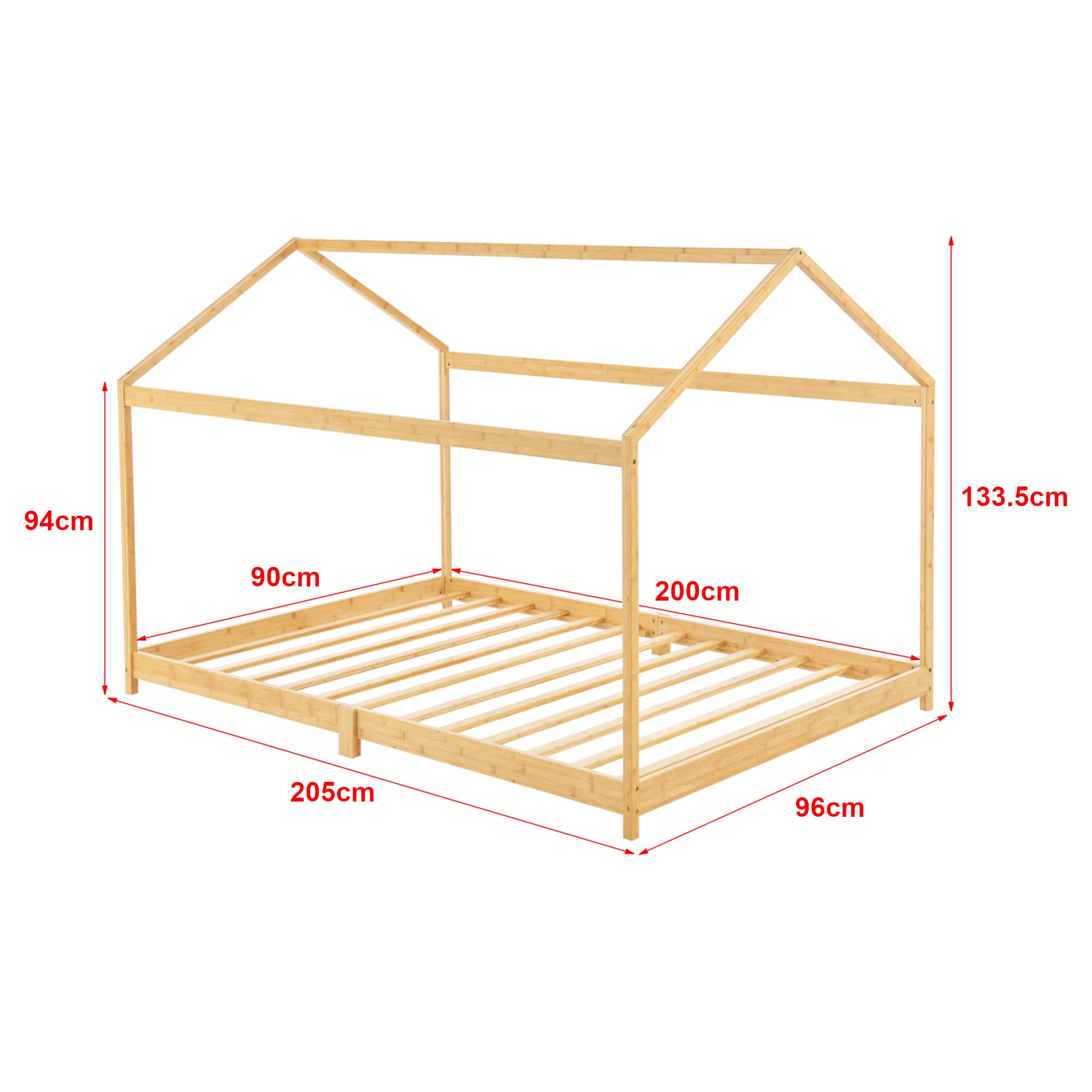 [en.casa] Łóżko dziecięce Vindafjord 90 x 200 cm, domek do zabawy, łóżko dla juniora, rama łóżka ze stelażem z bambusa o wyglądzie domu