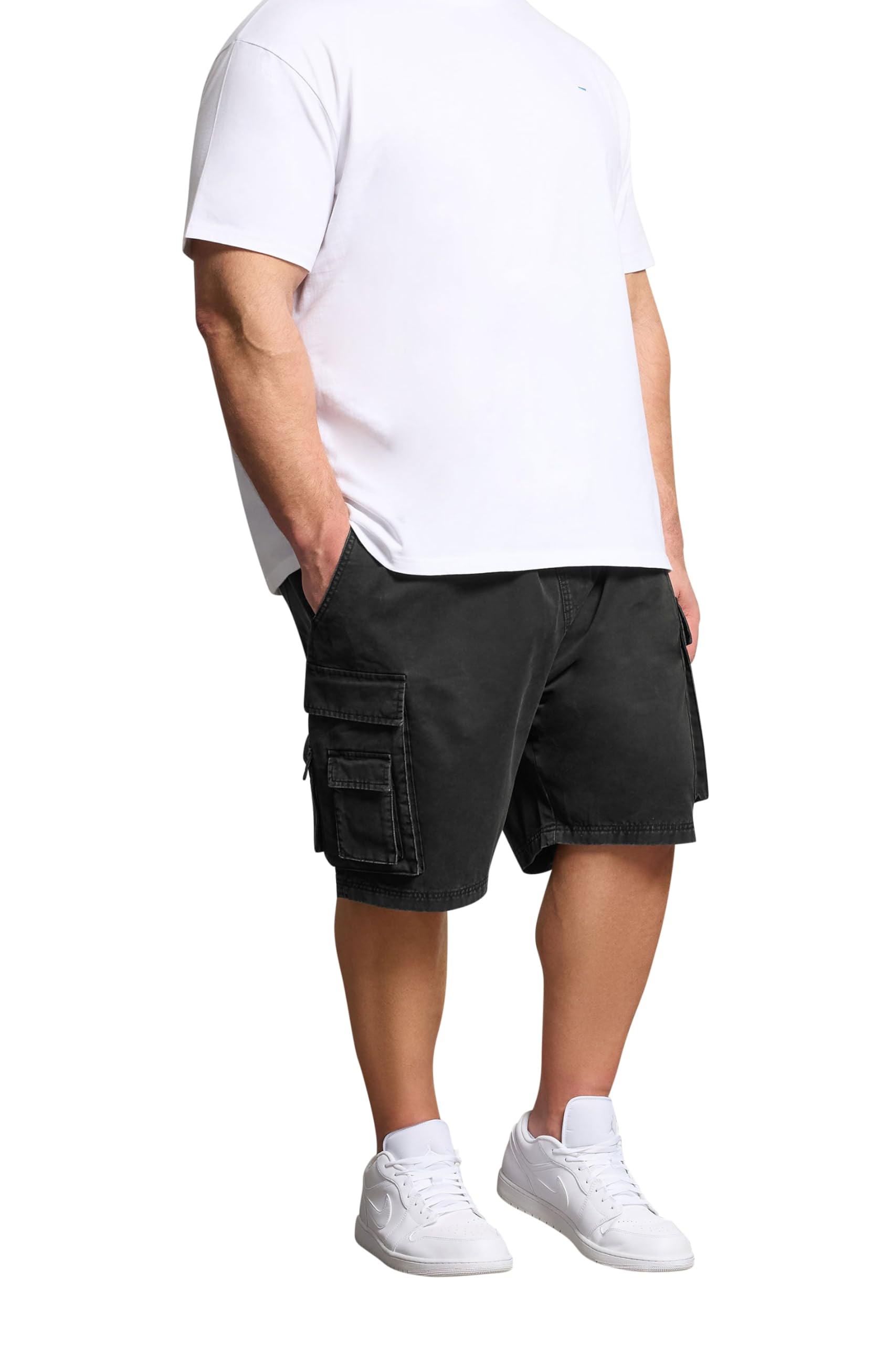 Badrhino Men's Black Big & Tall Acid Washed Cargo Shorts - Plus Size Curve