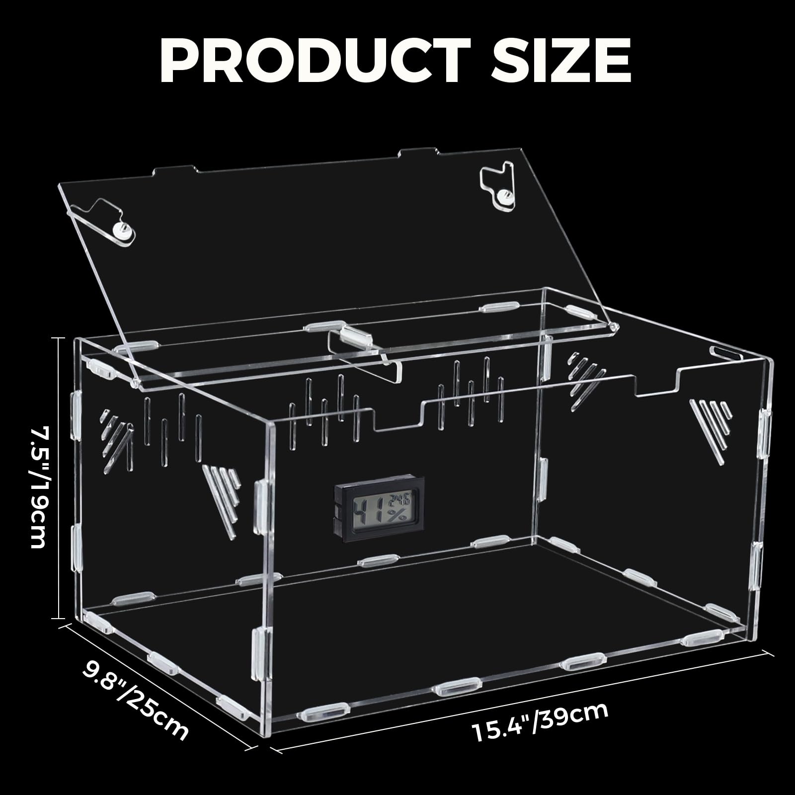 Homtone Terrario de acrílico, terrario de caracoles de temperatura e higrómetro, caja grande transparente para reptiles, caja de cultivo de reptiles portátil, camaleón (39 x 25 x 19 cm)