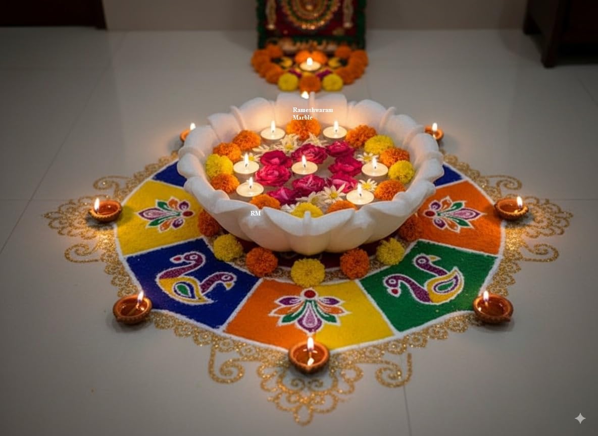 Buy RM 9 Inch Marble Lotus Urli Bowl | Handcrafted Decorative Flower Bowl for Home Temple & Festive Decor | Stone Uruli & Candle Holder by Rameshwaram ...