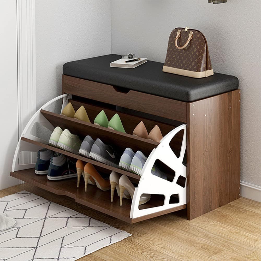 Shoe Storage Bench with Hidden Shoe Cabinet,Leather Entryway Shoe Bench Seat Shoe Organizer Shoe Rack Shoes Cabinet,Modern Entry Decorative Furniture-C-Brown (24x12x20inch) (Black 60 * 30 * 50)