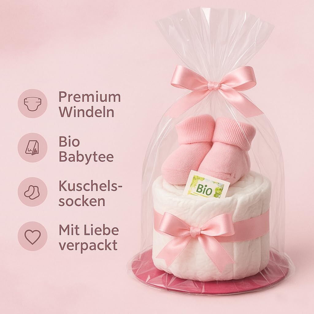 Torta di pannolini da bambina rosa con calzini, regalo per nascita per mamma, battesimo o baby shower, idea regalo con pannolini appena nati, biglietto di auguri incluso