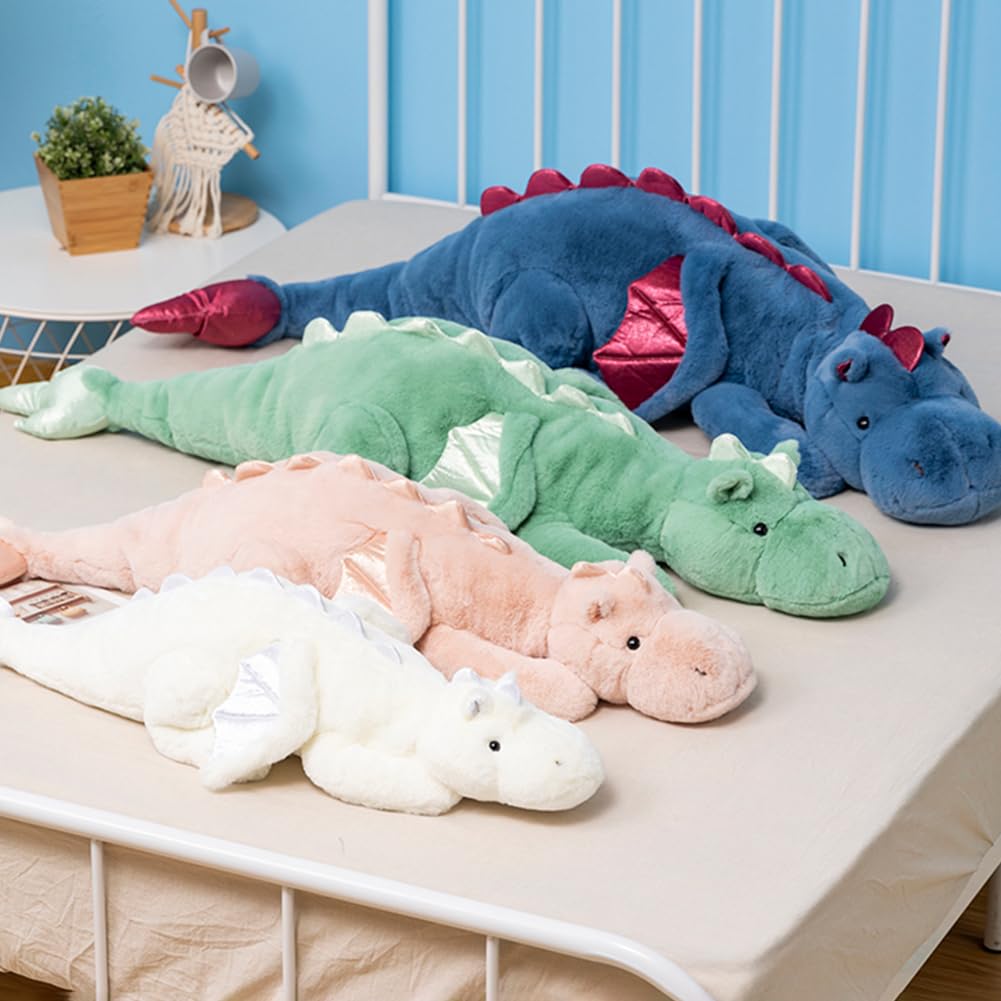 Ololele Draak knuffeldier, 90 x 34 x 14 cm, 2,2 kg, medium pluche draak, speelgoed voor kinderen, roze, wit, groen en blauw, zeer schattige pluche draak