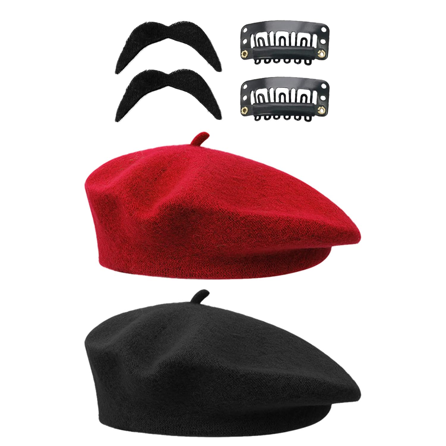 Hinfhi Black 2 Pieces Berets, 2 Hairpins And 2 Simulated Beards, Cosplay Props, Retro Classic Hats, Party Costume Accessories.