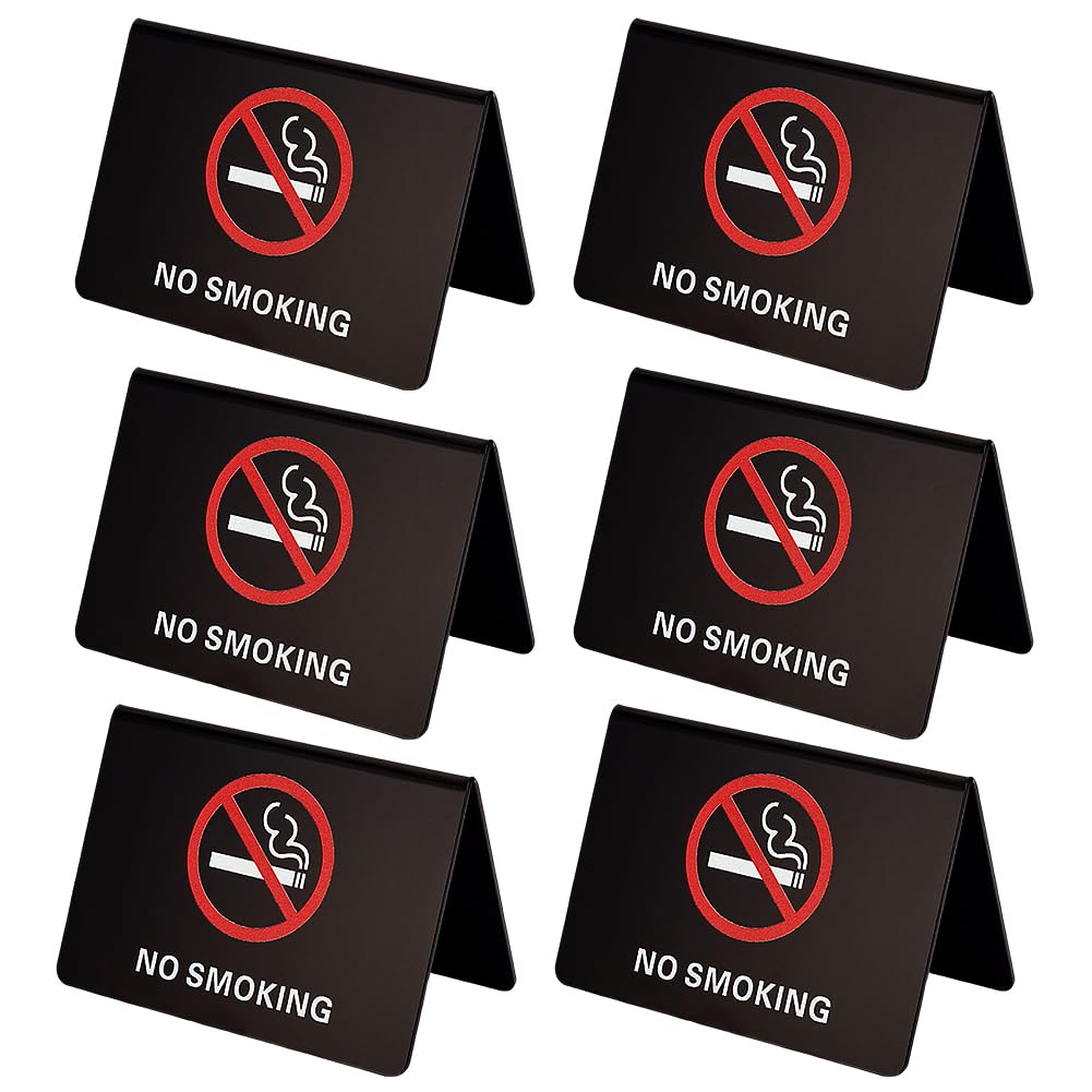 AHANDMAKER 6Pcs No Smoking Table Tent Signs, 4x2.7" Black Acrylic Double-Sided No Smoking Tabletop Sign
