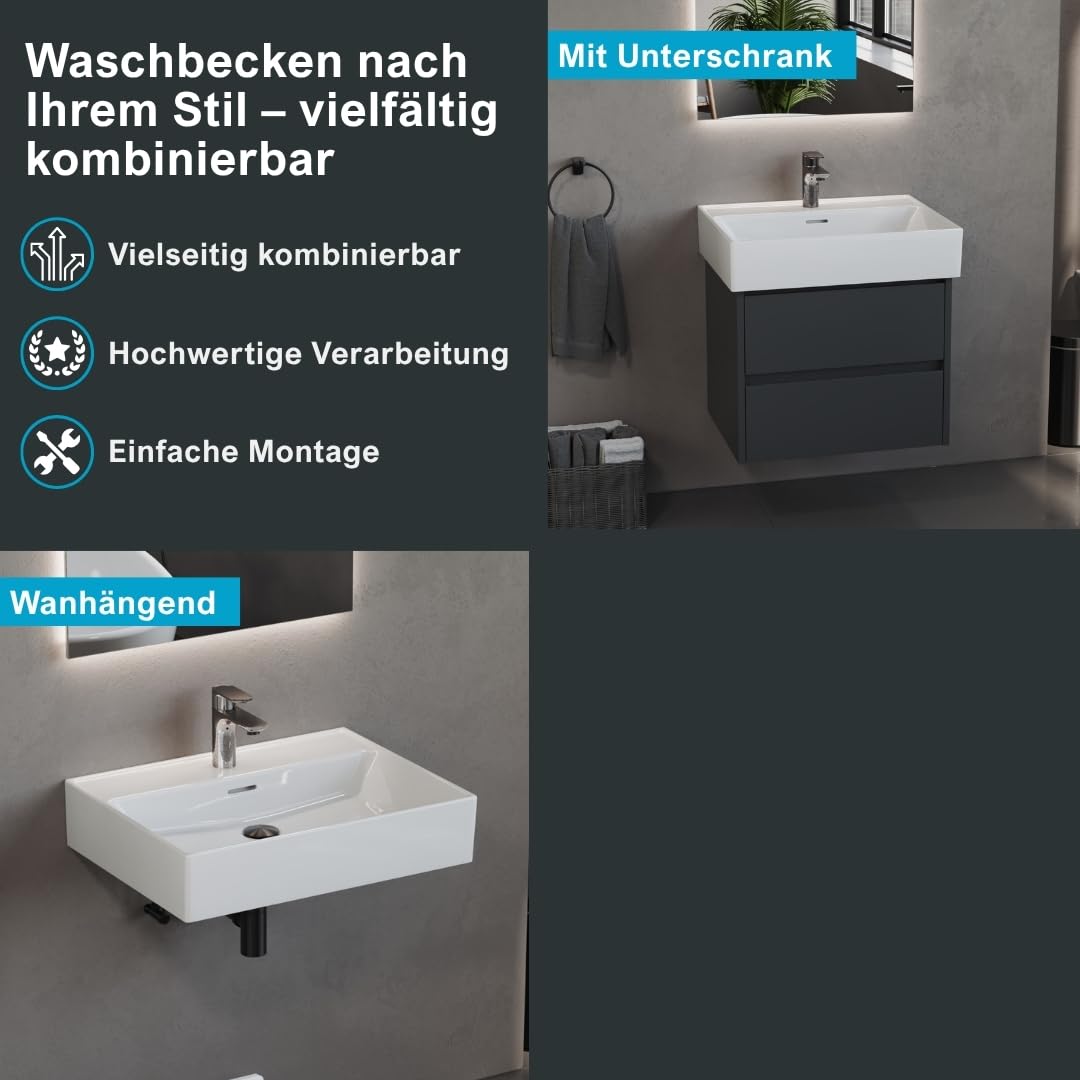Aqua Bagno lavabo 60 cm bianco – lavabo in ceramica rettangolare per bagno, bordo sottile, design moderno, montaggio a parete o su mobile bagno, superficie facile da pulire e resistente