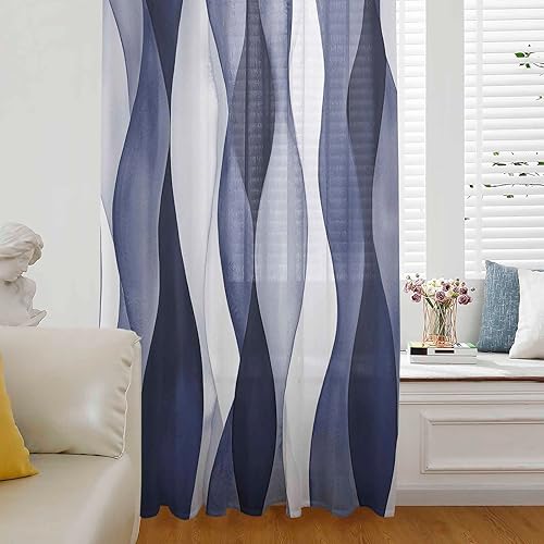 Miniatura 9 de Cortinas traslúcidas florales de tulipán azul, 84 pulgadas de largo, panel de cortina de gasa con estampado de flores botánicas filtrantes de luz,