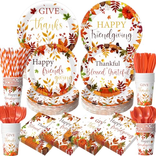 Widecook 450 Pcs Happy Friendsgiving Tableware Set Decorations, Fall Thanksgiving Pattern Paper Plates Napkins Cups Cutlery Straws for Autumn Harvest Friendsgiving Dinner Party Supplies, Serves 50