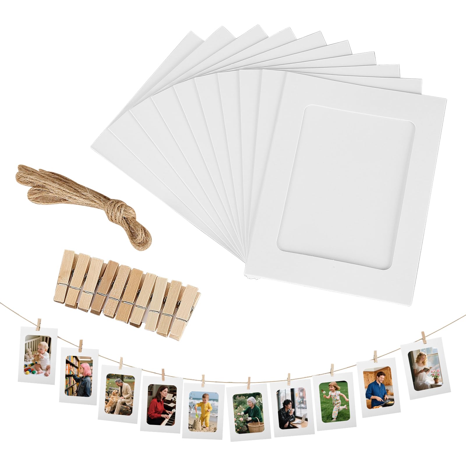 30 Pcs Cardboard Photo Frames, 4x6 Inch Cardboard Frames with Wooden Clips and String Hanging, Hanging Paper Picture Frames DIY Creative Photo Frames for Home Wall Decor (White)