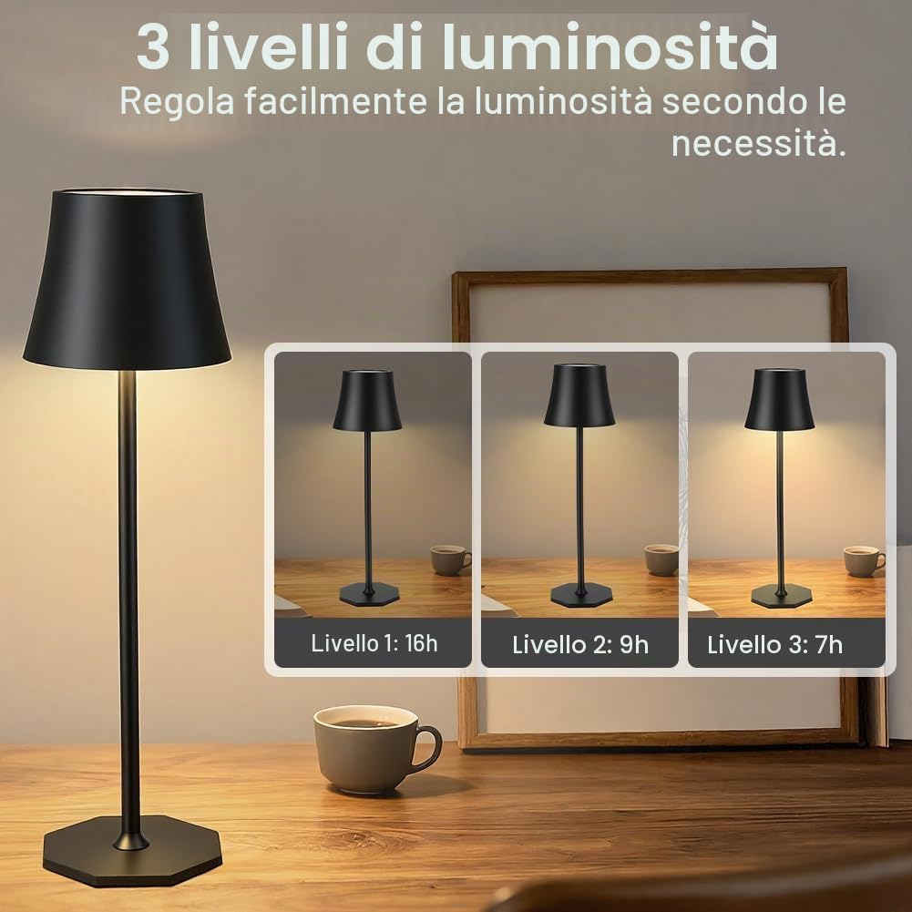 2pcs Lampada da Tavolo LED Senza Fili, 3 modalità Colore,Nero | Lampada da Tavolo Ricaricabile e Senza Fili con Controllo Touch, Altezza Regolabile, Lampada da Comodino, Lampada da Lettura