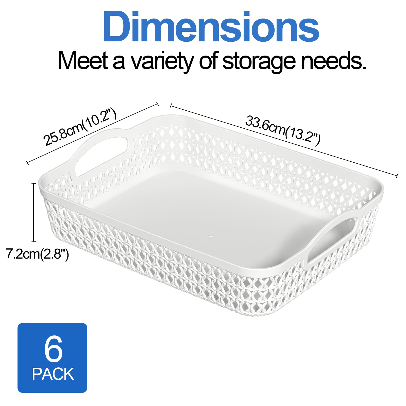 Paquete de 6 cestas de almacenamiento de plástico, cesta rectangular de plástico A4 poco profunda para uso doméstico y de oficina (blanco)