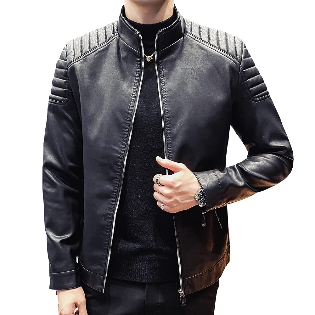 Mens Casual Stand Collar Slim Fit Faux Leather Jacket Biker Motorcycle Jacket