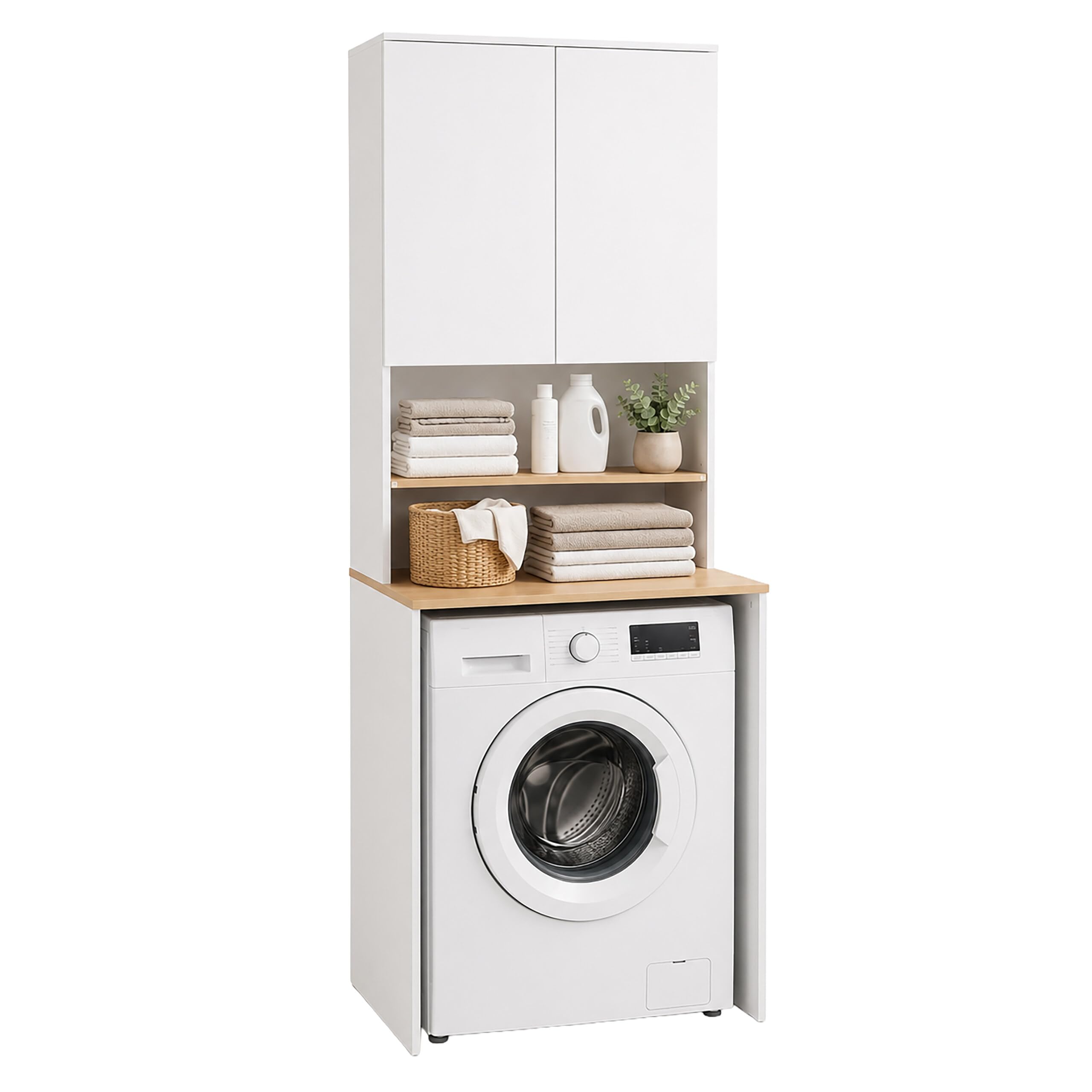 Relaxdays Waschmaschinenschrank, 4 Fächer, HxBxT: 188,5 x 68 x 60 cm, Überbauregal Waschmaschine, Trockner, weiß/Natur