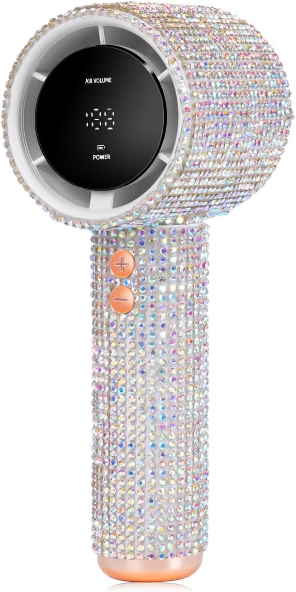Portable Handheld Turbo Fan - Fashion Full Diamond 1800mAh USB Rechargeable Personal Battery Operated Mini Small Pocket Mini Fan for Travel/Outdoor/Vacation/Beach/Outdoor Activities (Sliver)
