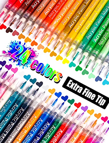 24 Colors Extra Fine Tip Paint Pens Paint Markers, Premium Acrylic Paint Pens For Rock Painting, Canvas, Wood, Glass, Ceramic, Fabric, Acrylic Paint Markers Set for Painting Supplies, Craft Supplies
