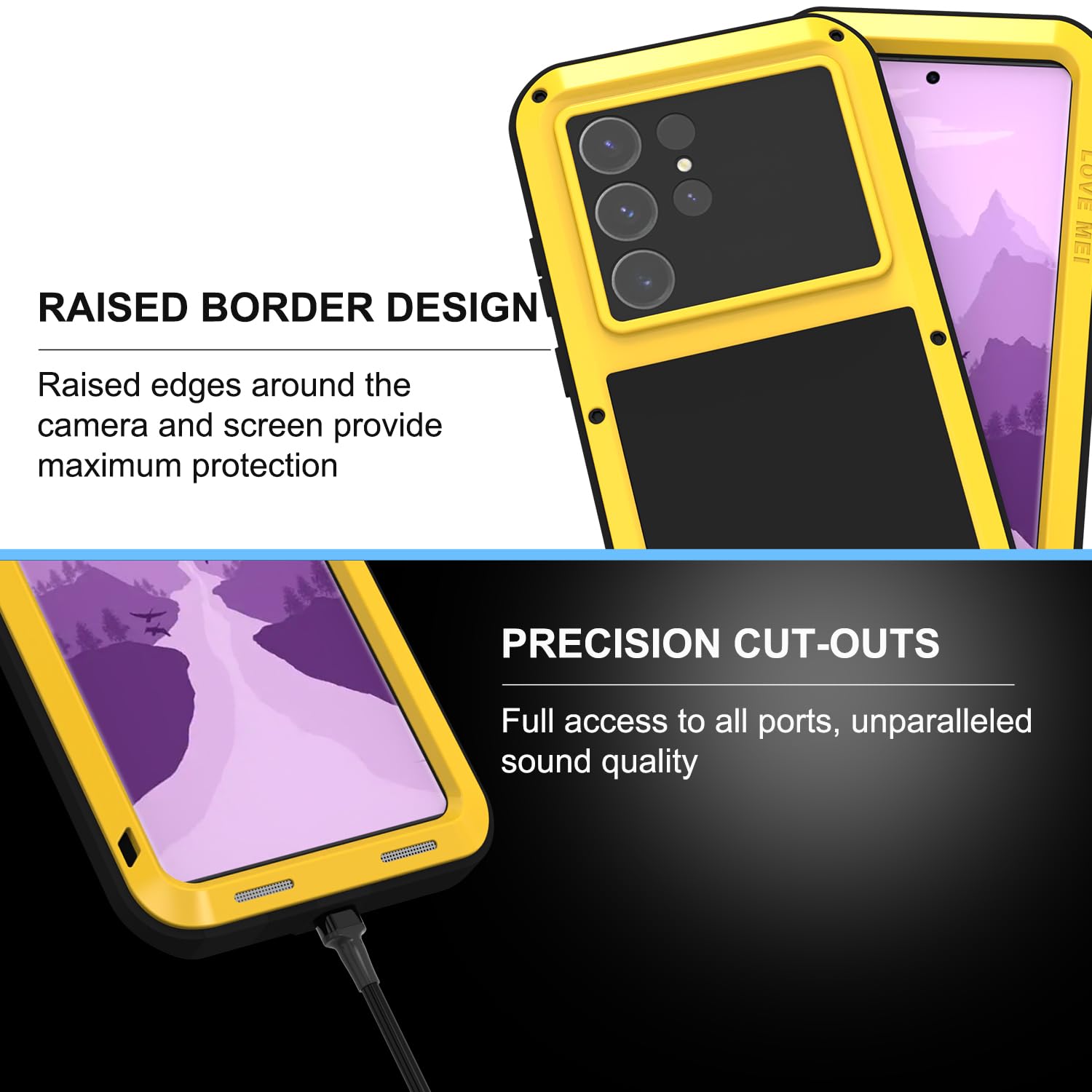 LOVE MEI Custodia per Galaxy S24 Ultra 5g, [senza pellicola protettiva in vetro] robusta cover rigida resistente, antiurto, antipolvere, custodia in silicone metallico per Samsung S24 Ultra giallo