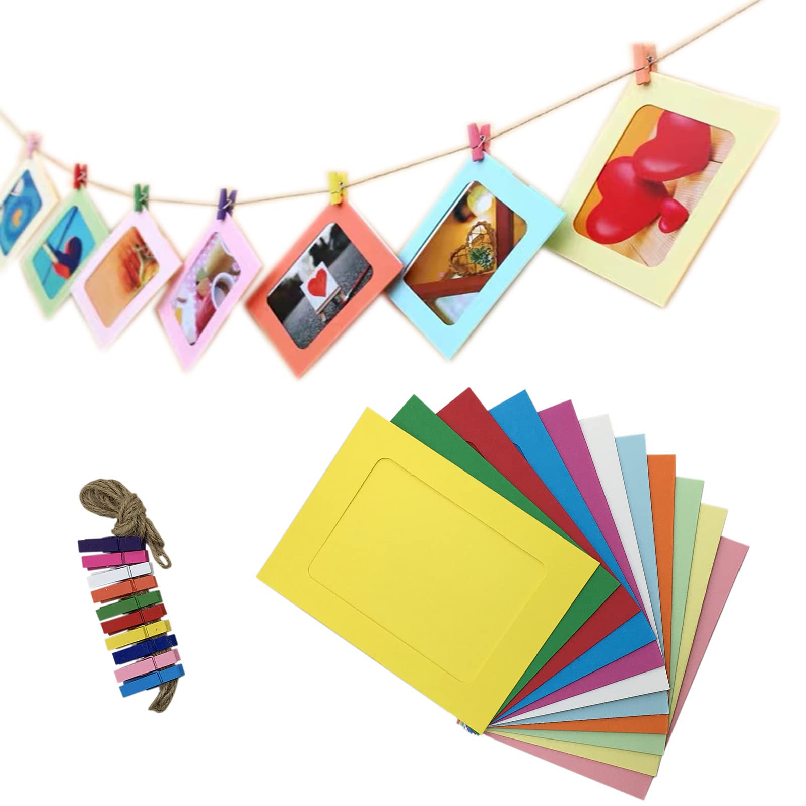 YYGMSS 30 Set Colored Paper Photo Frame with Wood Clips 3 Ropes for DIY Decoration, Cute Cardboard Picture Frame Colorful Hanging Display Home School Party