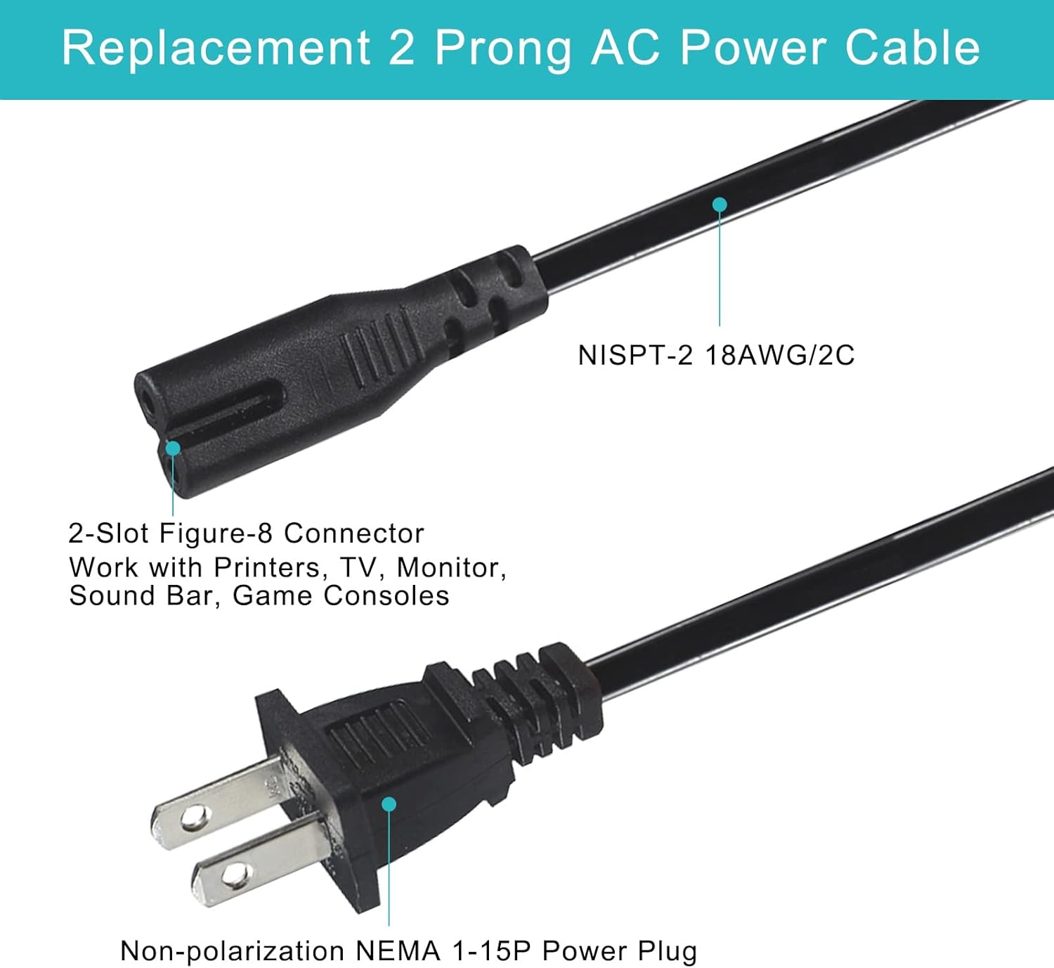 12FT Replacement 2 Prong AC Power Cord - 18 AWG 2 Slot Non-Polarization Figure 8 Power Cord Compatible with Xbox Series X/S, Xbox One S/X PS4 PS3 PS2 Slim Game Console, for Sony PlayStation/PSP/PSV