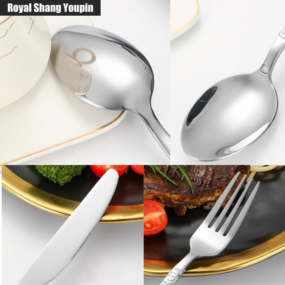 Manico in Rilievo Con Motivo in Pietra Cucina Posate in Acciaio Inossidabile Stoviglie Posate Set Di Posate Coltello Da Bistecca Forchetta Cucchiaio Cucchiaino (Oro rosa,20 pezzi)