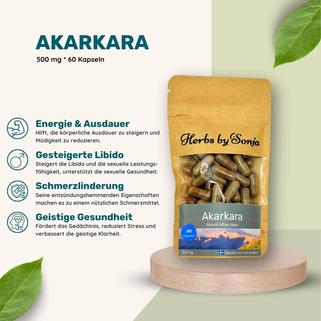 Akarkara 500 mg * 60 Kapseln – Boost für Testosteron und Vitalität – Verdauung und Stressbewältigung – Hochkonzentriert: 500 mg pro Kapsel ohne Zusatzstoffe – geeignet für Veganer