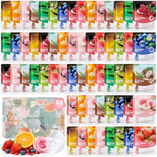 Masque Visage Hydratants, Coffret Cadeau Femme de 60 Masques Tissu Visage