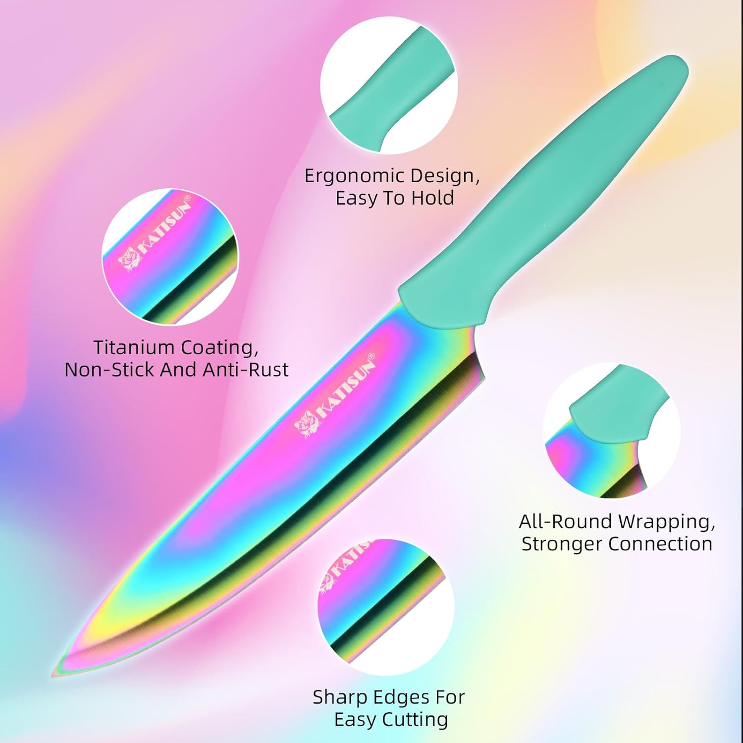 Kitchen Knife Set with Block, 14 Piece Rainbow Titanium Coated Stainless Steel Knives Set, Anti-Rust and Dishwasher Safe, 12 Knives with Kitchen Shears and Block - Image 3