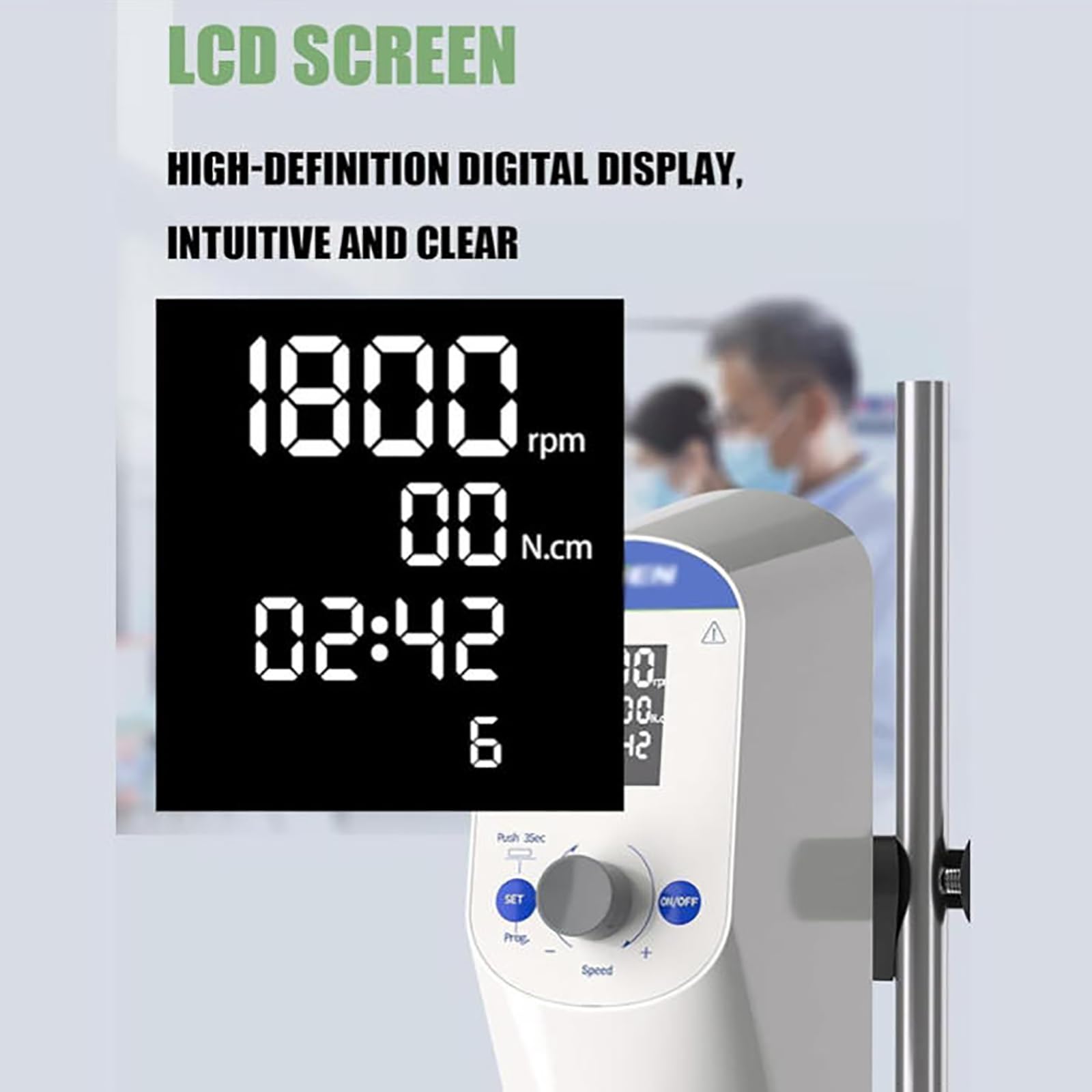 Agitador eléctrico superior con pantalla digital, rango de velocidad de 100-2000 rpm, temporizador de 1-99 h59 minutos, volumen máximo de 20 litros, par de torsión de 20-60 n.cm para mezcla de