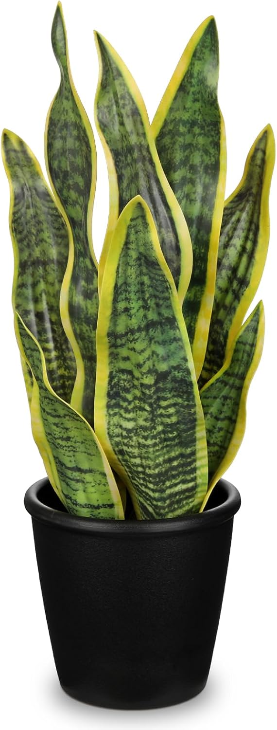 16.5" Artificial Snake Plant Potted - Faux Sansevieria Trifasciata Plant Tropical Small Fake Snake Plants in Black Pot Artificial Plants Indoor for Home Office Tabletop Decor Housewarming Gifts