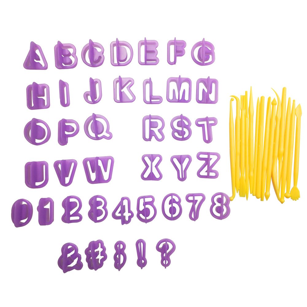 CSPRING 54PCS Plastic Alphabet Number Symbol Cookie Cutters and Mini Fondant Cake Decorating Mould Tools
